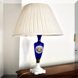 D11. Cobalt glass lamp with milk glass base. 27”h - $48 